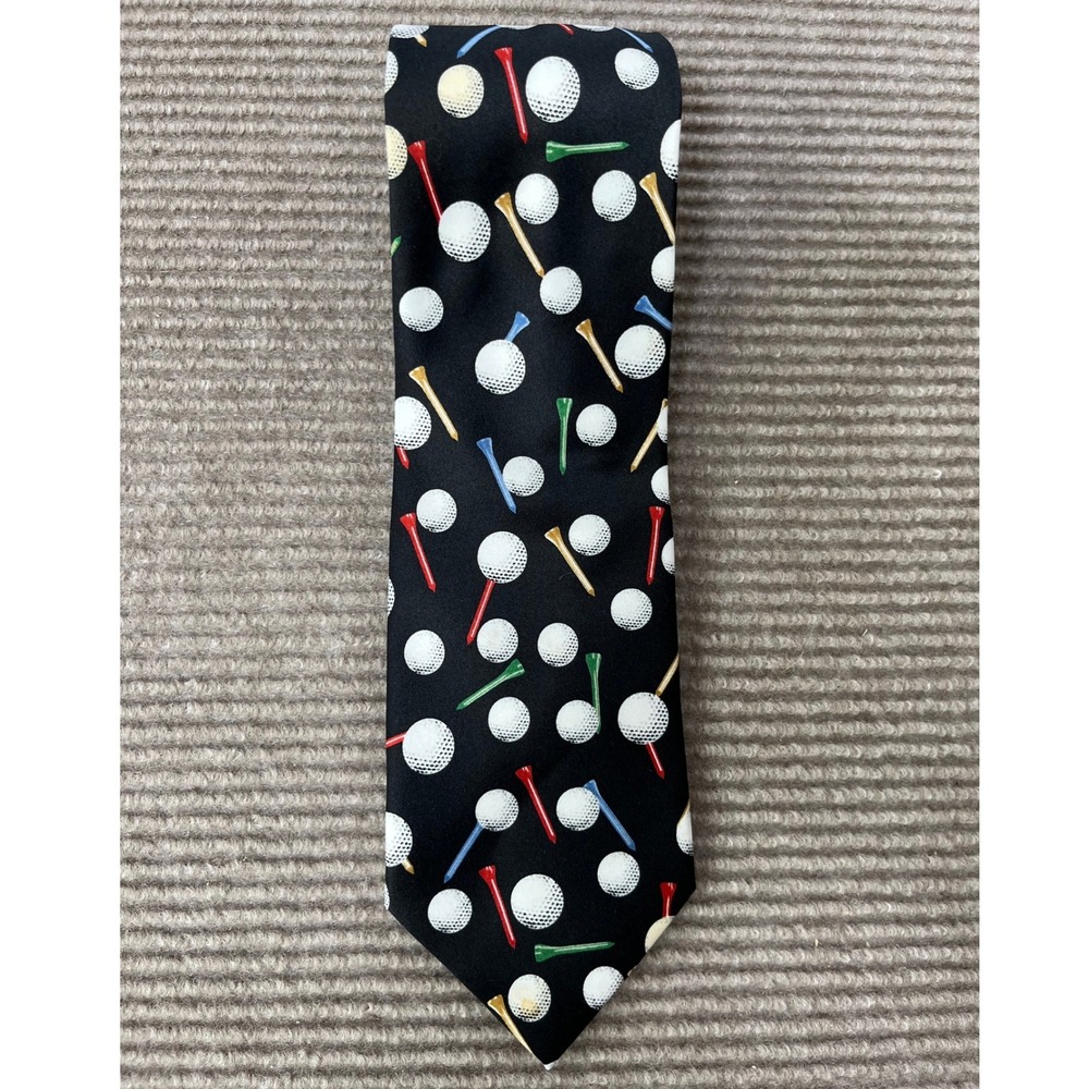 Parquet Mens Golf Tie Black Multicolor Golf Balls and Tees Hand Made Polyester